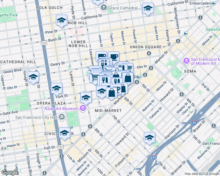 map of restaurants, bars, coffee shops, grocery stores, and more near 220 Jones Street in San Francisco