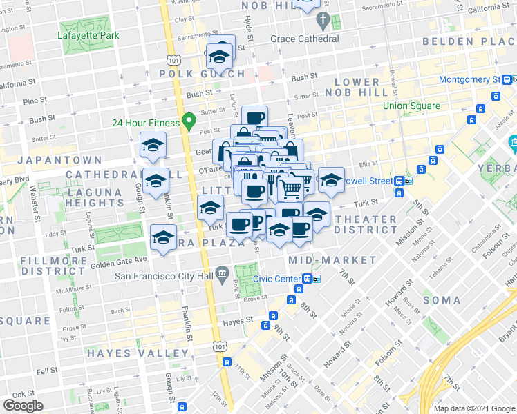 map of restaurants, bars, coffee shops, grocery stores, and more near in San Francisco
