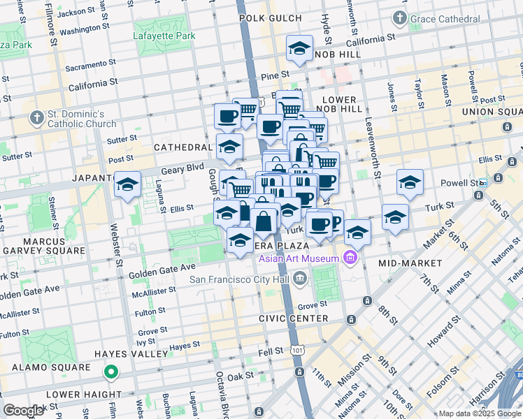 map of restaurants, bars, coffee shops, grocery stores, and more near in San Francisco