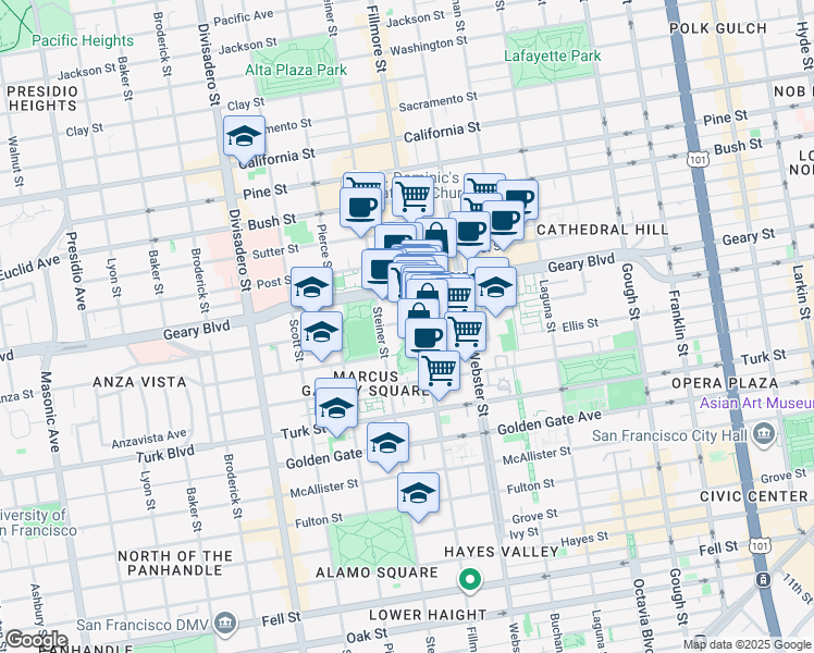 map of restaurants, bars, coffee shops, grocery stores, and more near 1445 Fillmore Street in San Francisco