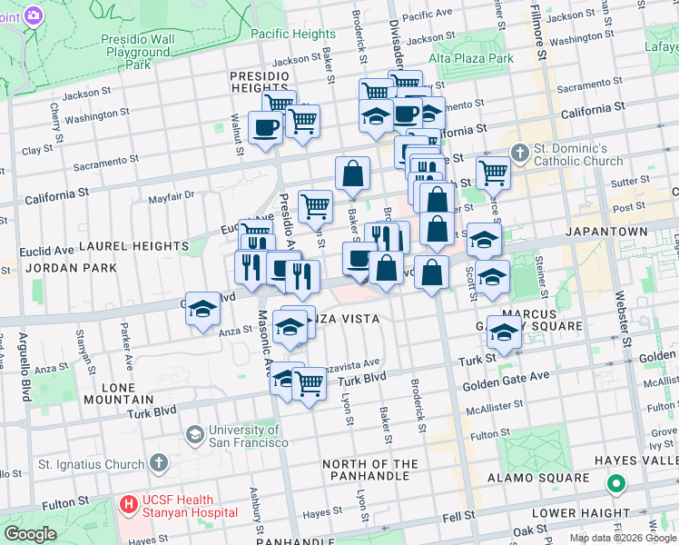 map of restaurants, bars, coffee shops, grocery stores, and more near 2531 Post Street in San Francisco