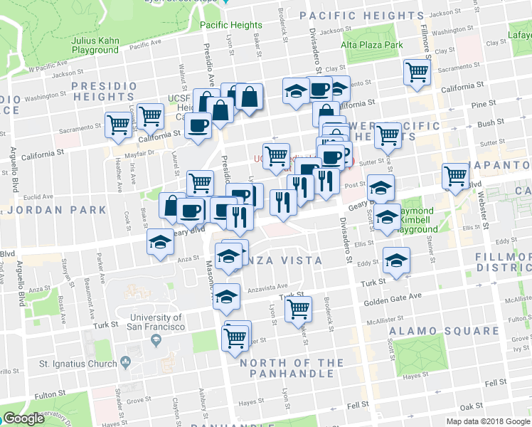 map of restaurants, bars, coffee shops, grocery stores, and more near 2531 Post Street in San Francisco