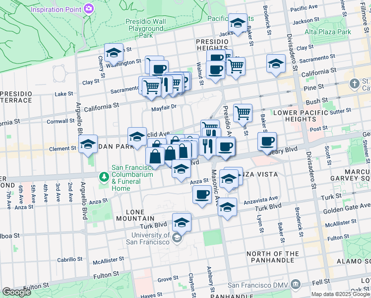 map of restaurants, bars, coffee shops, grocery stores, and more near 15 Wood Street in San Francisco