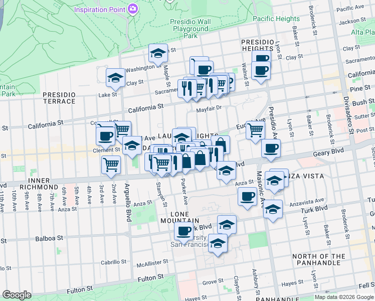 map of restaurants, bars, coffee shops, grocery stores, and more near in San Francisco