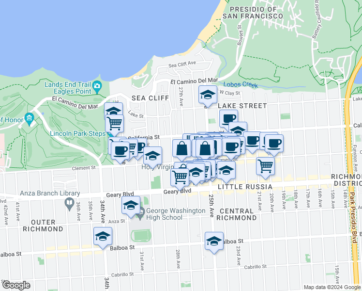 map of restaurants, bars, coffee shops, grocery stores, and more near 302 27th Avenue in San Francisco