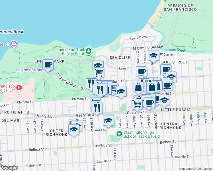 map of restaurants, bars, coffee shops, grocery stores, and more near 305 31st Avenue in San Francisco