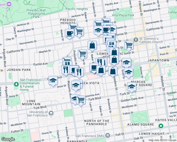 map of restaurants, bars, coffee shops, grocery stores, and more near 2531 Post Street in San Francisco