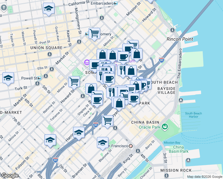 map of restaurants, bars, coffee shops, grocery stores, and more near 170 Hawthorne Street in San Francisco
