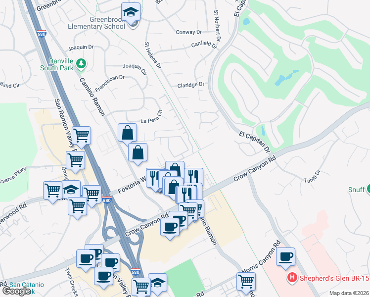 map of restaurants, bars, coffee shops, grocery stores, and more near 3048 Fostoria Circle in Danville