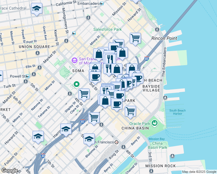 map of restaurants, bars, coffee shops, grocery stores, and more near 631 Harrison Street in San Francisco