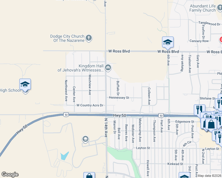 map of restaurants, bars, coffee shops, grocery stores, and more near 2706 Meadowlark Lane in Dodge City