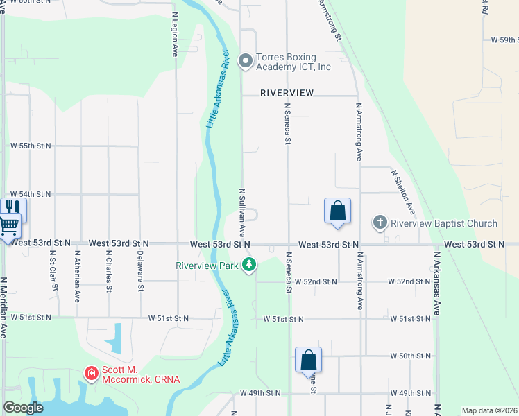 map of restaurants, bars, coffee shops, grocery stores, and more near 5470 North Sullivan Court in Wichita
