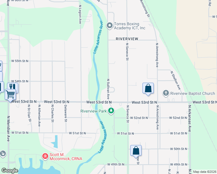 map of restaurants, bars, coffee shops, grocery stores, and more near 5503 Sullivan Road in Wichita