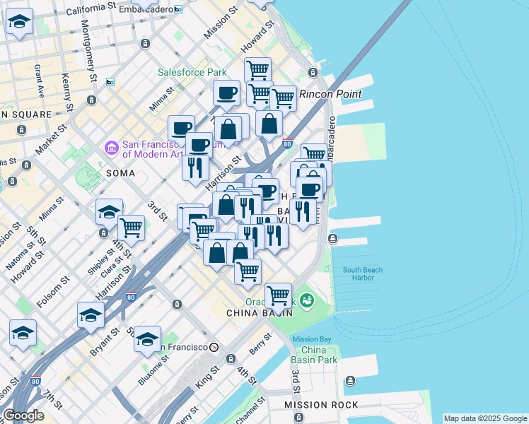 map of restaurants, bars, coffee shops, grocery stores, and more near 270 Brannan Street in San Francisco