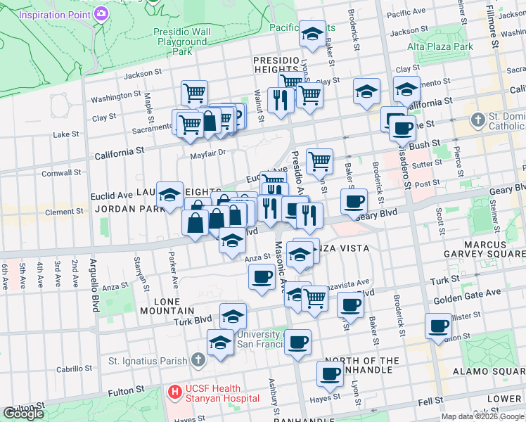 map of restaurants, bars, coffee shops, grocery stores, and more near 3 Masonic Avenue in San Francisco