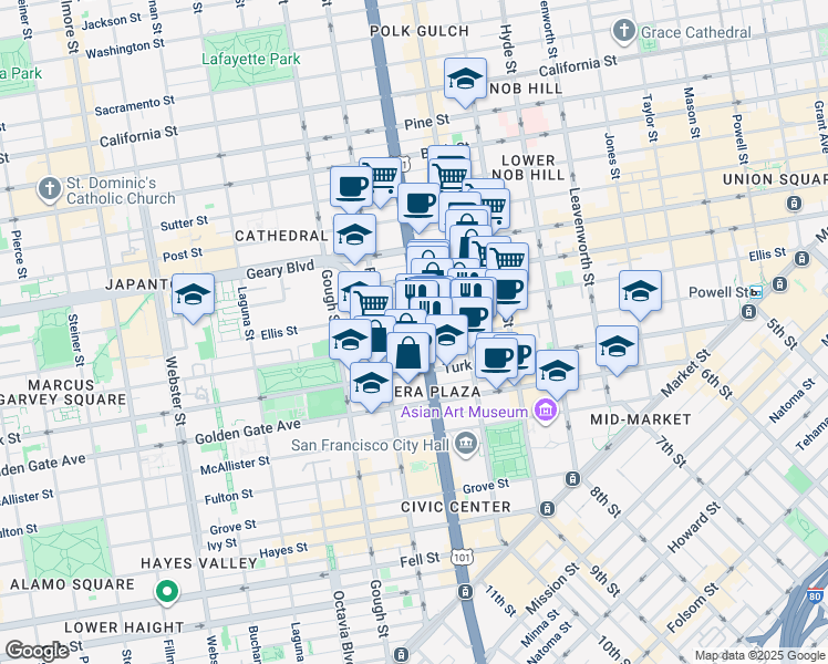 map of restaurants, bars, coffee shops, grocery stores, and more near in San Francisco