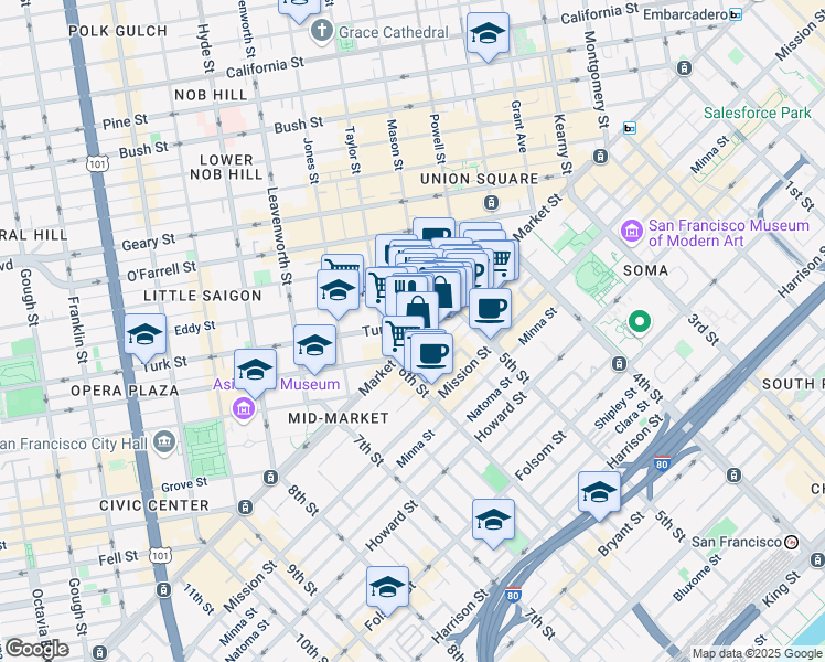 map of restaurants, bars, coffee shops, grocery stores, and more near 964 Market Street in San Francisco