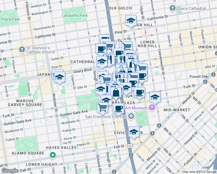 map of restaurants, bars, coffee shops, grocery stores, and more near 995 Ellis Street in San Francisco