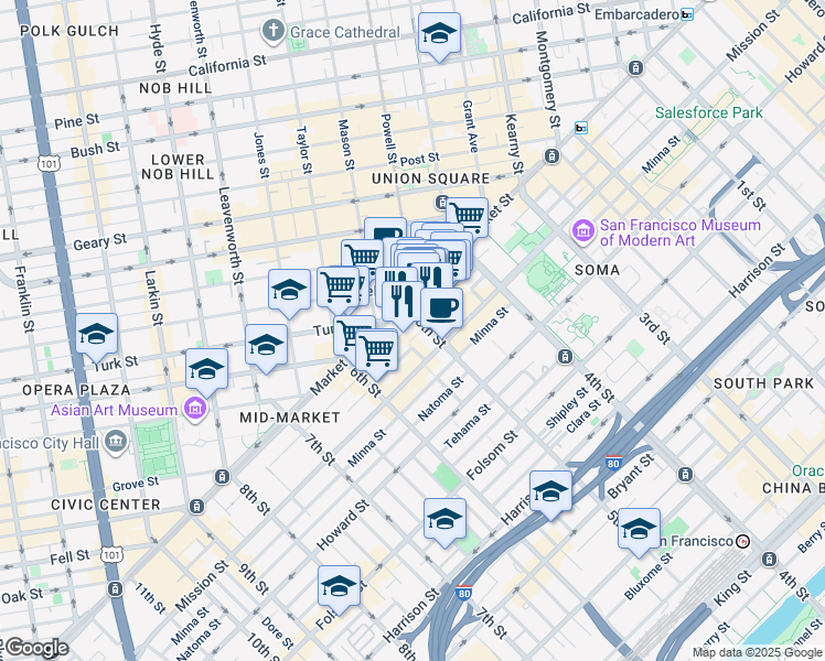 map of restaurants, bars, coffee shops, grocery stores, and more near in San Francisco