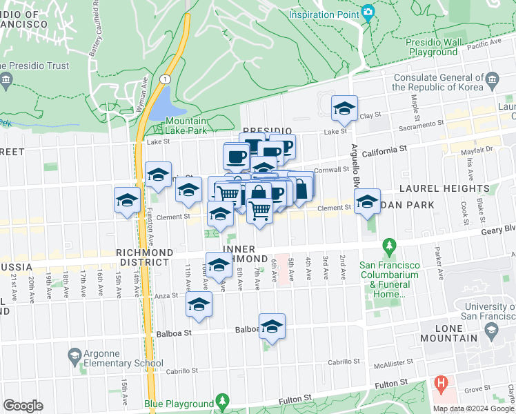 map of restaurants, bars, coffee shops, grocery stores, and more near 431 Clement Street in San Francisco