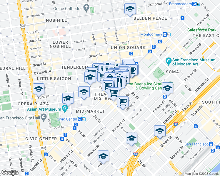 map of restaurants, bars, coffee shops, grocery stores, and more near in San Francisco