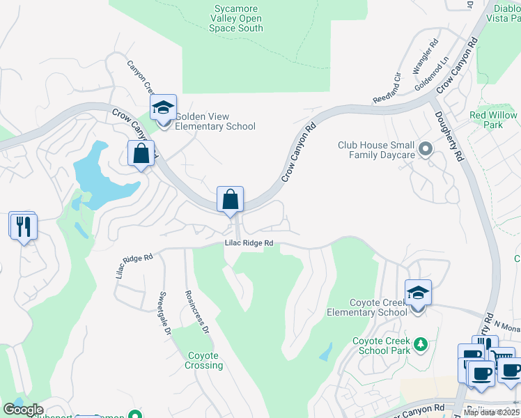 map of restaurants, bars, coffee shops, grocery stores, and more near Shoreline Loop in San Ramon