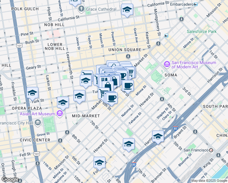 map of restaurants, bars, coffee shops, grocery stores, and more near in San Francisco