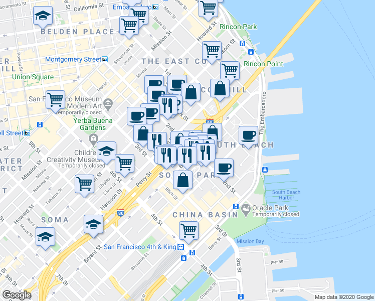 map of restaurants, bars, coffee shops, grocery stores, and more near 455 2nd Street in San Francisco