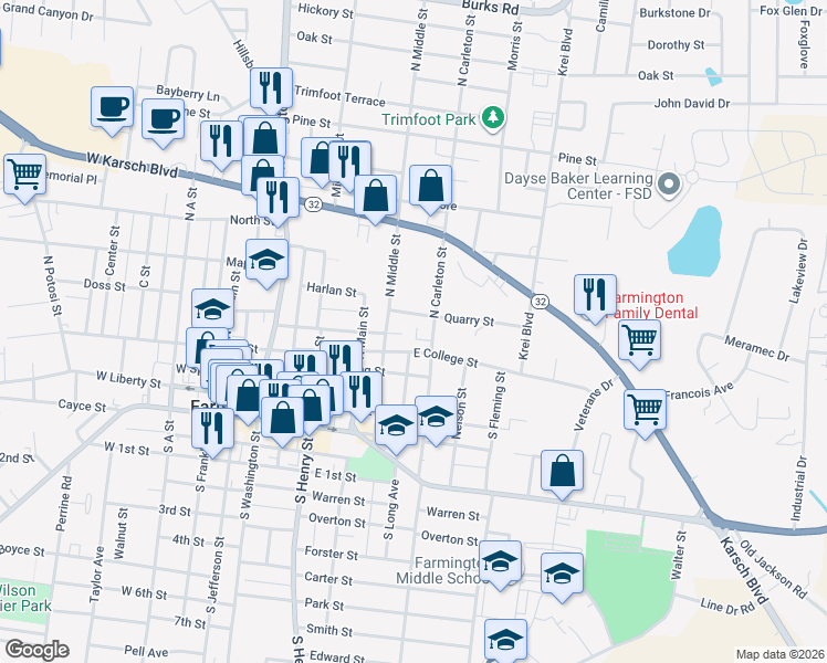 map of restaurants, bars, coffee shops, grocery stores, and more near 406 Quarry Street in Farmington