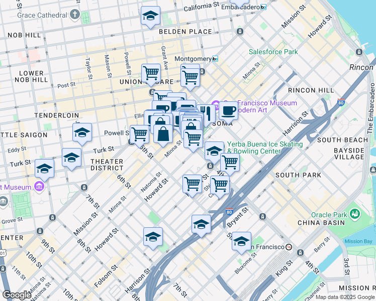 map of restaurants, bars, coffee shops, grocery stores, and more near 800 Howard Street in San Francisco