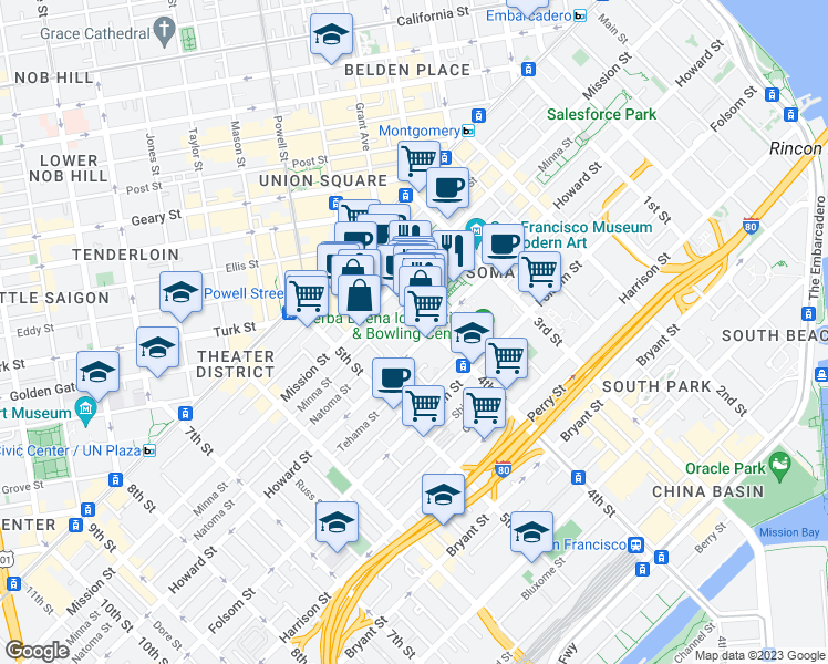 map of restaurants, bars, coffee shops, grocery stores, and more near 800 Howard Street in San Francisco