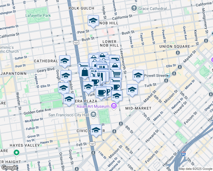 map of restaurants, bars, coffee shops, grocery stores, and more near in San Francisco