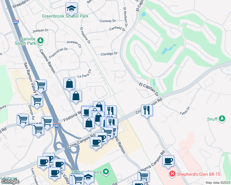 map of restaurants, bars, coffee shops, grocery stores, and more near 3404 Fostoria Way in Danville