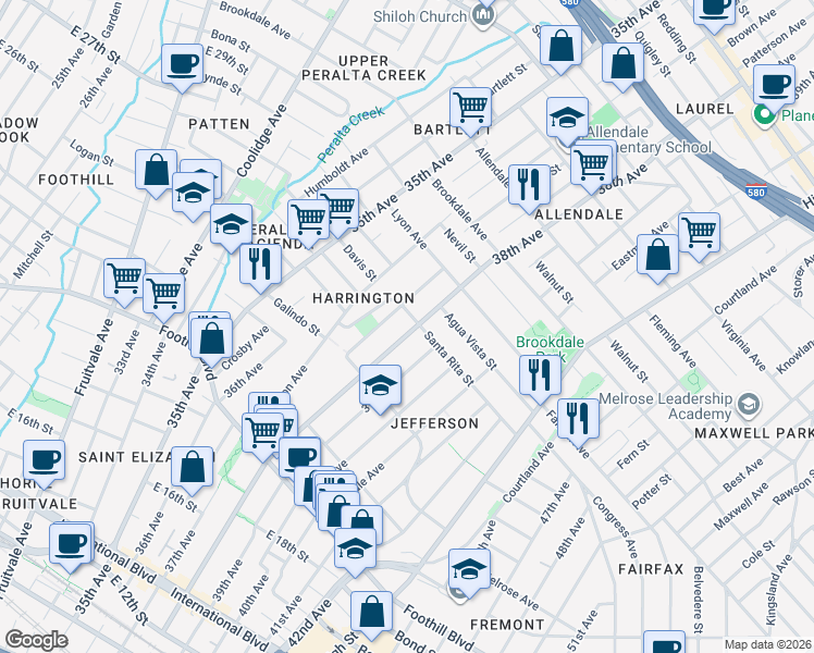 map of restaurants, bars, coffee shops, grocery stores, and more near 3718 Santa Rita Street in Oakland