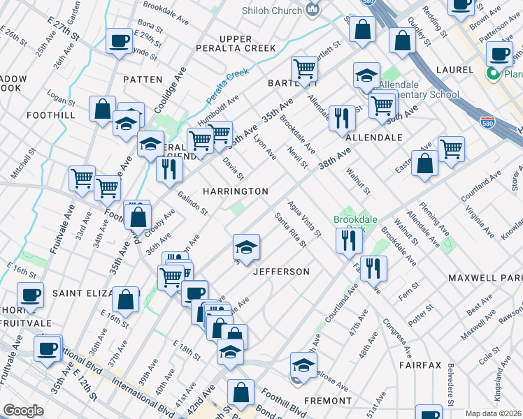 map of restaurants, bars, coffee shops, grocery stores, and more near 3718 Santa Rita Street in Oakland