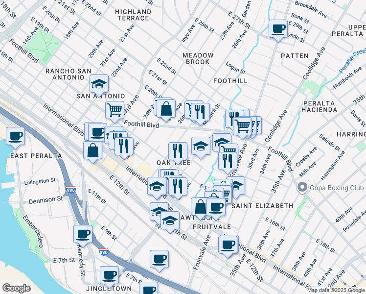 map of restaurants, bars, coffee shops, grocery stores, and more near 1711 27th Avenue in Oakland
