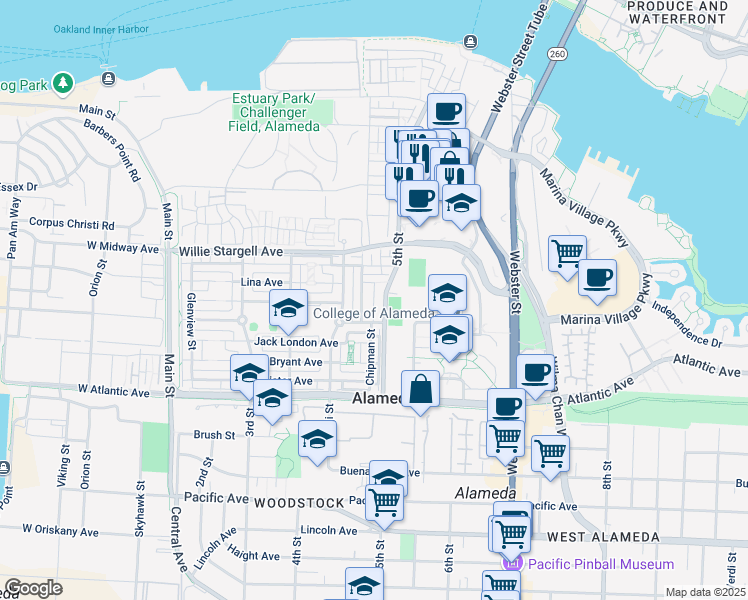 map of restaurants, bars, coffee shops, grocery stores, and more near 2365 Haile Street in Alameda
