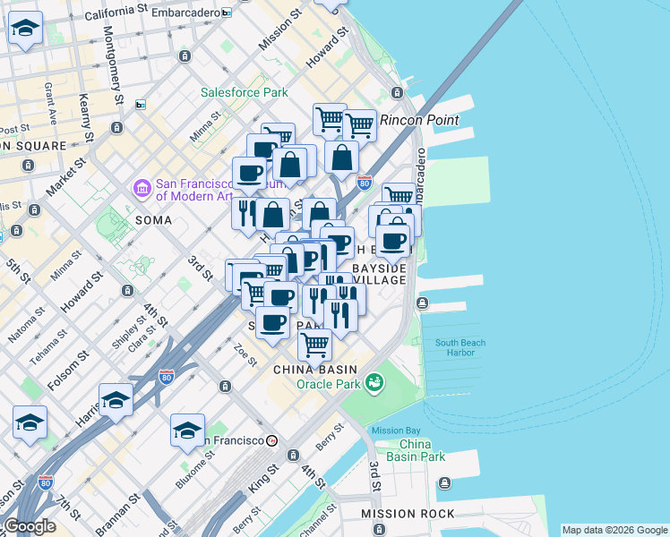 map of restaurants, bars, coffee shops, grocery stores, and more near 355 Bryant Street in San Francisco