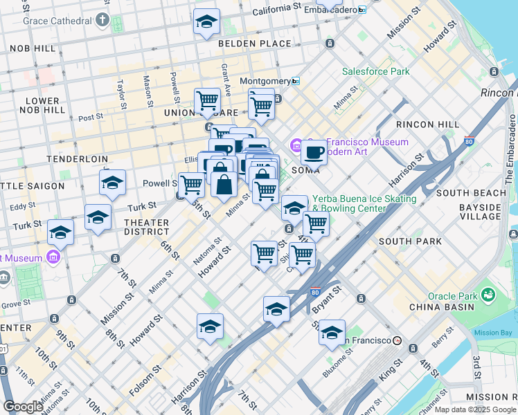 map of restaurants, bars, coffee shops, grocery stores, and more near 175 4th Street in San Francisco