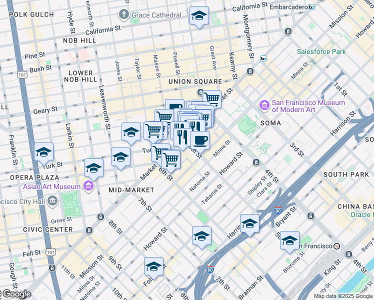 map of restaurants, bars, coffee shops, grocery stores, and more near in San Francisco