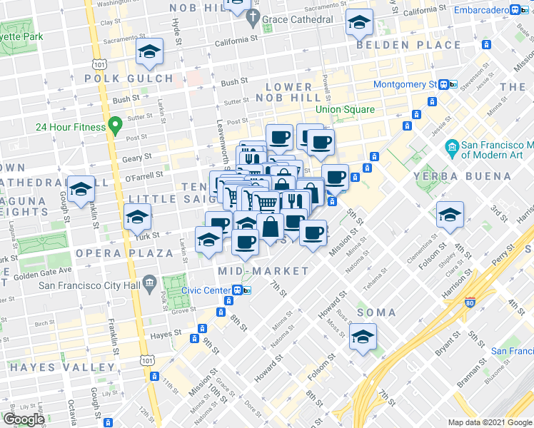 map of restaurants, bars, coffee shops, grocery stores, and more near 220 Jones Street in San Francisco