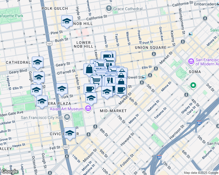 map of restaurants, bars, coffee shops, grocery stores, and more near 355 Eddy Street in San Francisco