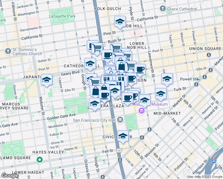 map of restaurants, bars, coffee shops, grocery stores, and more near in San Francisco