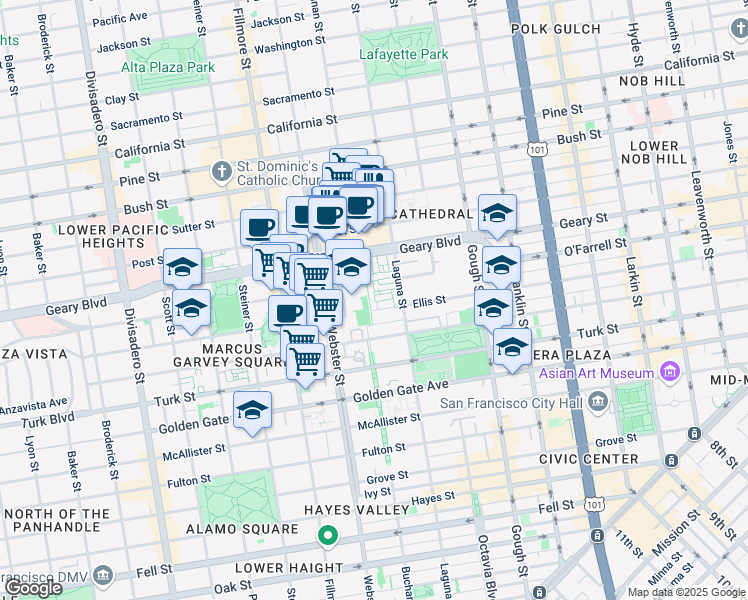 map of restaurants, bars, coffee shops, grocery stores, and more near 45 Galilee Lane in San Francisco