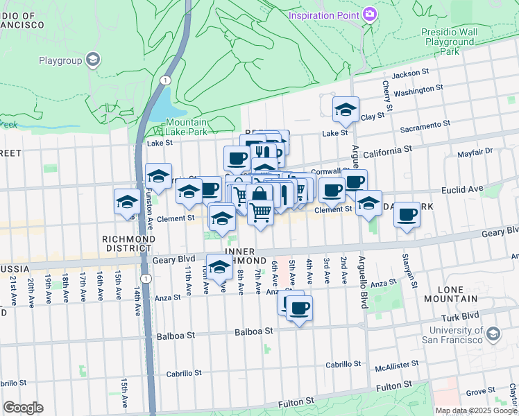 map of restaurants, bars, coffee shops, grocery stores, and more near 431 Clement Street in San Francisco
