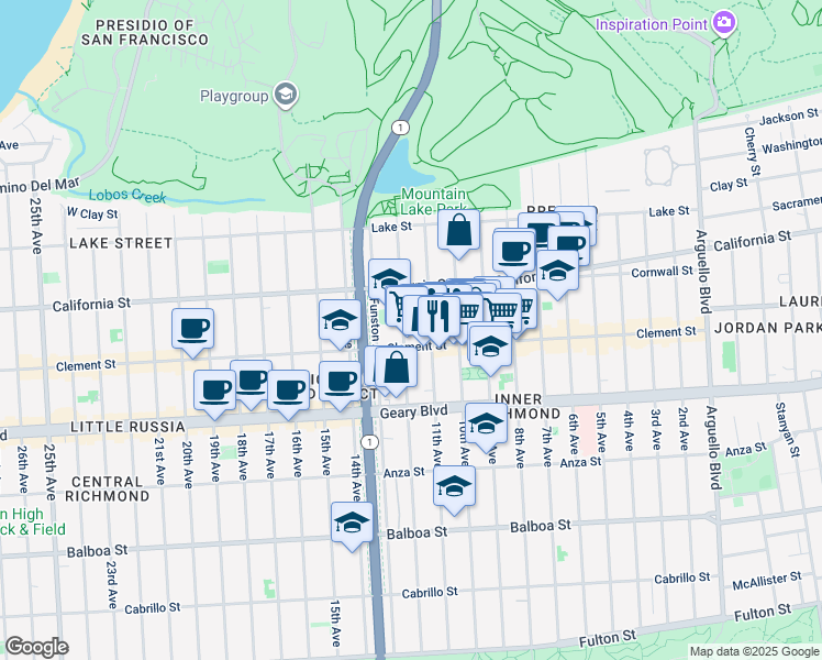 map of restaurants, bars, coffee shops, grocery stores, and more near 250 12th Avenue in San Francisco