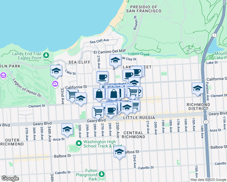 map of restaurants, bars, coffee shops, grocery stores, and more near 6331 California Street in San Francisco
