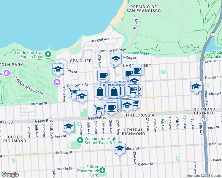 map of restaurants, bars, coffee shops, grocery stores, and more near 6331 California Street in San Francisco