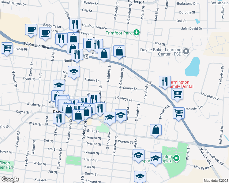 map of restaurants, bars, coffee shops, grocery stores, and more near 406 Quarry Street in Farmington