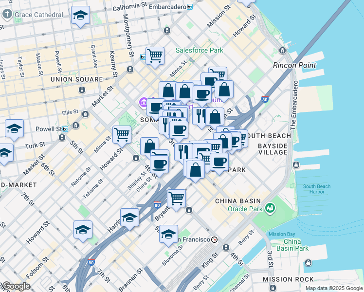 map of restaurants, bars, coffee shops, grocery stores, and more near 170 Hawthorne Street in San Francisco